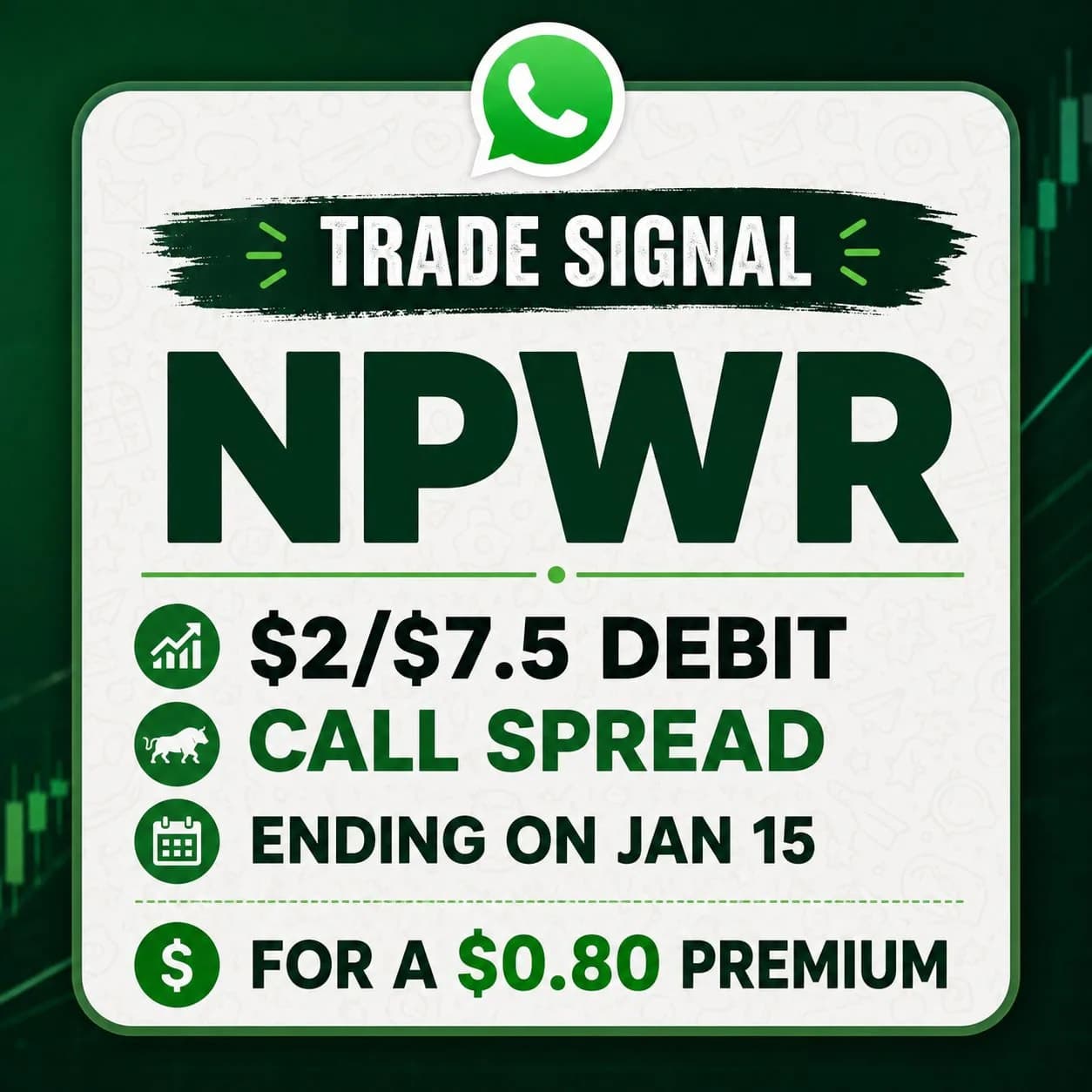 NPWR $2/$7.5 debit call spread ending on Jan 15 for $0.80 premium.
