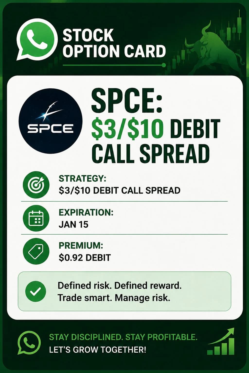 SPCE : $3/$10 debit call spread expiring on Jan 15 for $0.92 premium.